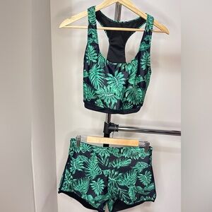 Tropical Leaf Print Three Piece Bikini Set, XL